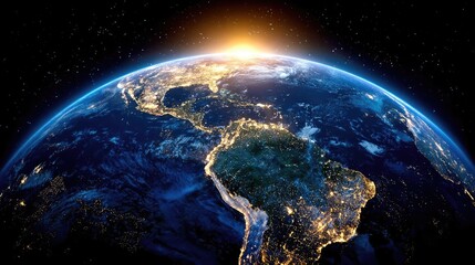 Obraz premium Earth at night showcasing lights of South America concept. A stunning view of Earth from space at sunrise, showcasing beauty.
