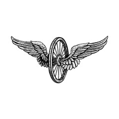 winged wagon wheel, combining vintage craftsmanship with symbolic motion and freedom.