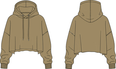 Cropped hoodie front and back flat sketch, drawstring hood ribbed cuff hem back seam detail, cad drawing flat vector illustration fashion template