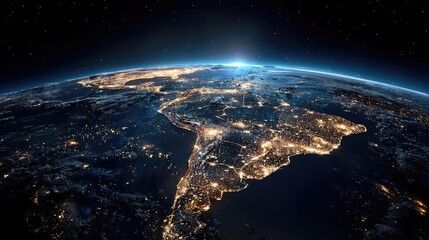 Earth at night showcasing lights of South America concept. Stunning view of Earth at night showcasing vibrant city lights.