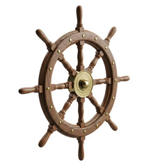A detailed shot of a wooden ship's wheel, showing its intricate design, isolated on transparent background