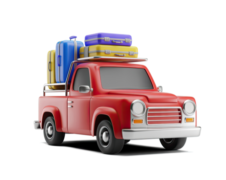 A red pickup truck with several colorful suitcases stacked on the roof against black background