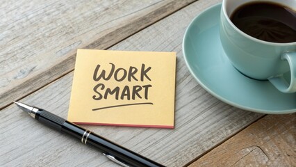 Motivational sticky note with text Work Smart next to a pen and a cup of coffee on a rustic wooden table