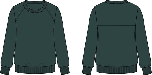 Crewneck sweatshirt front and back flat sketch, raglan sleeve upper back seam ribbed cuff hem detail, cad drawing flat vector illustration template