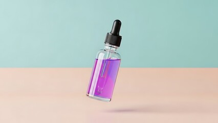 Vibrant purple serum in glass bottle floating against minimalist pastel backdrop for modern skincare brands