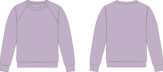 Crewneck sweatshirt front and back flat sketch, raglan sleeve ribbed cuff hem neckline detail, cad drawing flat vector illustration fashion template