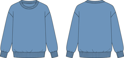 Crewneck sweatshirt front and back flat sketch, dropped shoulder ribbed cuff hem neckline detail, cad drawing flat vector illustration fashion templateCrewneck sweatshirt front and back flat 