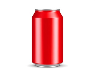 A shiny red aluminum can against a clean white background