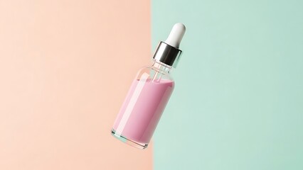 Elegant pink serum in glass bottle for modern skincare routine on pastel peach and mint background