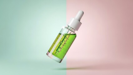 Elegant green serum bottle for skincare on modern pink and green background for beauty product promotion