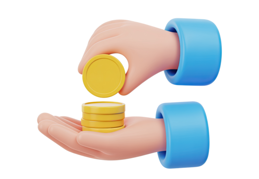 Cartoon hands with blue bracelets stacking gold coins on a black background image view