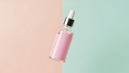 Elegant pink serum bottle with dropper for skincare routine on pastel background for wellness and beauty ads