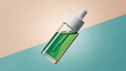 Elegant serum bottle with green liquid for skin care routine and beauty treatments on pastel surface