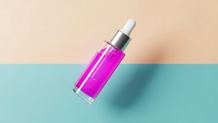 Vibrant pink serum bottle for skin care with dropper on modern pastel background adds healthy glow