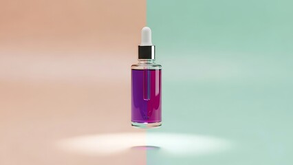 Luxurious purple serum with dropper for modern skincare or aromatherapy concepts in elegant pastel studio