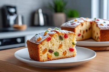 Slice of fruitcake with candied fruit in kitchen