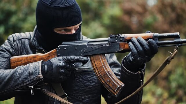 Man wearing black balaclava and leather jacket holding an assault rifle outdoors in nature