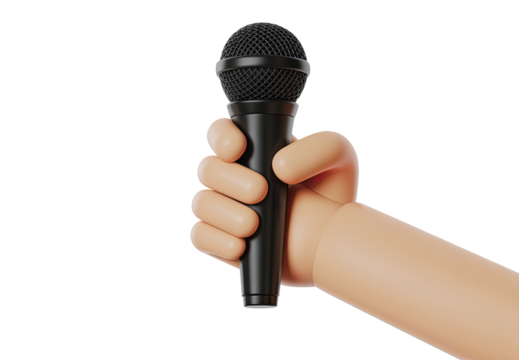 A cartoon hand holding a black microphone against a black background in a studio shot