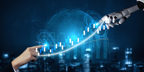 This striking image showcases the interaction between a human hand and a robotic arm over a glowing...