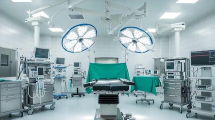 Sterile operating room equipped with medical devices and surgical lights prepared for procedures - Powered by Adobe