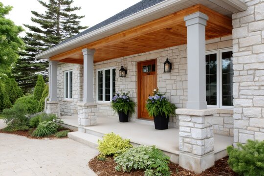 Stone house exterior with front porch and landscaping - Powered by Adobe