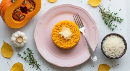 A delicious autumnal pumpkin risotto served on a pink plate with fresh ingredients arranged around it