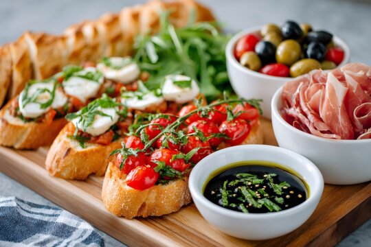 Italian bruschetta and antipasto platter on wooden board