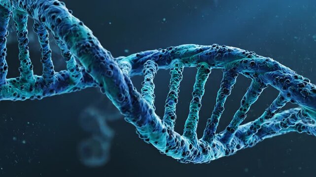 Close up of a blue and cyan dna double helix structure in a dark, microscopic environment with floating particles