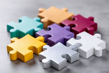 Colorful jigsaw puzzle pieces connecting on grey background