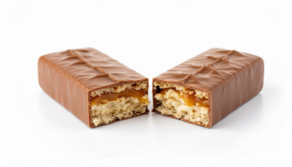 A delicious, milk chocolate bar split into two pieces, showcasing the inner layers of a crunchy biscuit base topped with gooey, sweet caramel.