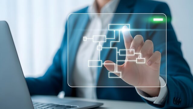 Businesswoman interacting with digital flowchart displayed on transparent screen