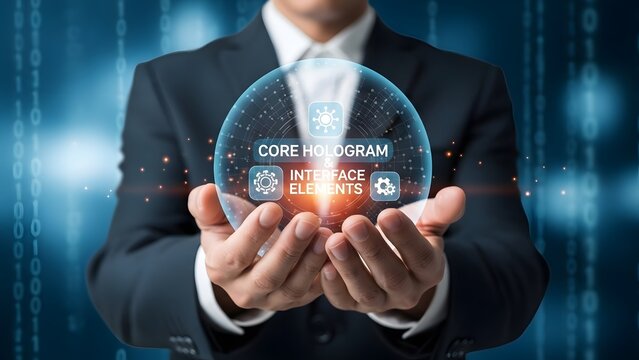 Businessman holding digital egg with icons representing business solutions and innovation