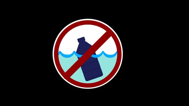 Animated stop water pollution sign featuring plastic bottle icon in water with a red prohibition circle. Playful motion style and clear environmental warning.