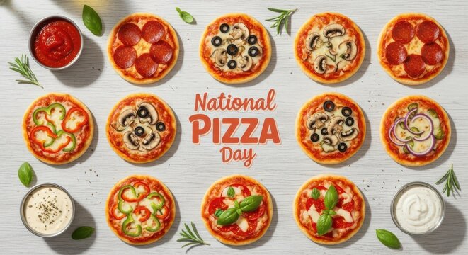 National pizza day celebration with a variety of delicious mini pizzas, including pepperoni, mushroom, and vegetable toppings