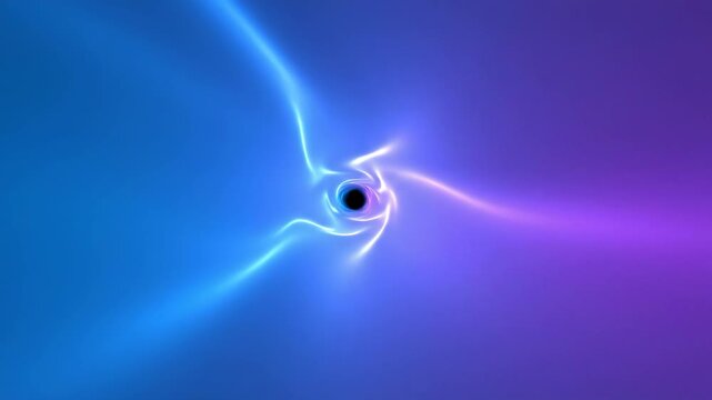 Abstract digital rendering of a black hole singularity warping light and space with blue and purple gradient background