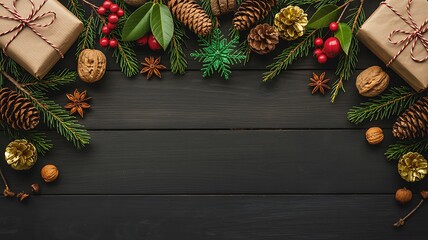 Christmas background with gifts pine cones and fir branches on dark wooden table top view flat lay