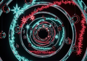 Christmas decorations in concentric circles with stars and ornaments on a black background