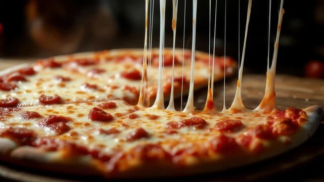 Close-up of a pizza with melted, stretching cheese and pepperoni, delicious, with one in the background