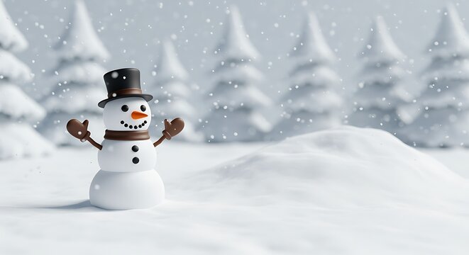 A cheerful snowman stands in a snowy winter landscape surrounded by evergreens.