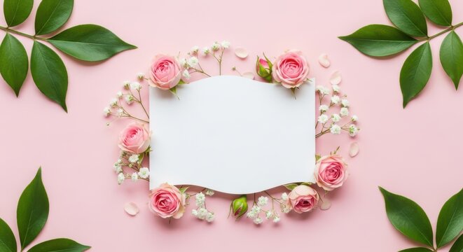 Elegant floral frame with blank card surrounded by delicate pink roses and green leaves on pastel background