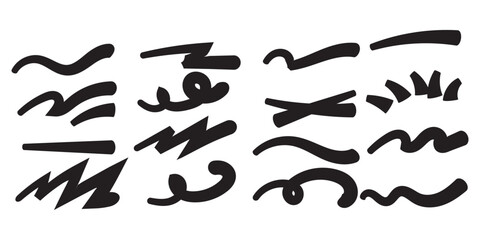 Squiggle brush scribble underline. Marker pen emphasis highlight swoosh stroke. Vector swoosh brush underline set for accent, marker emphasis squiggle element. Vector illustration 