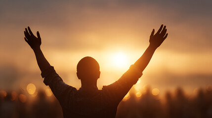 Fototapeta premium prayer scene with hands raised to sunset christian faith worship belief hope spirituality sacred moment and peaceful divine light background