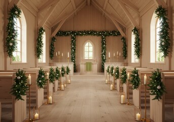 Fototapeta premium Interior of a church decorated with greenery and candles for a wedding or christmas celebration event