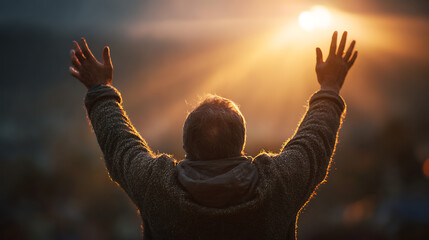 Fototapeta premium christian prayer with raised hands toward sunlight at sunset spiritual worship concept faith belief devotion hope divine light and peaceful sacred background