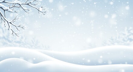 Fototapeta premium A serene winter landscape featuring falling snow bare branches and snowdrifts below.