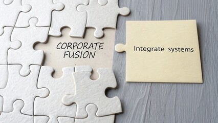 Conceptual image of corporate fusion, puzzle pieces, integration of systems, strategic business solutions and dynamics