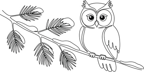 Obraz premium Owl bird branch tree nature wildlife forest animal drawing line art cute