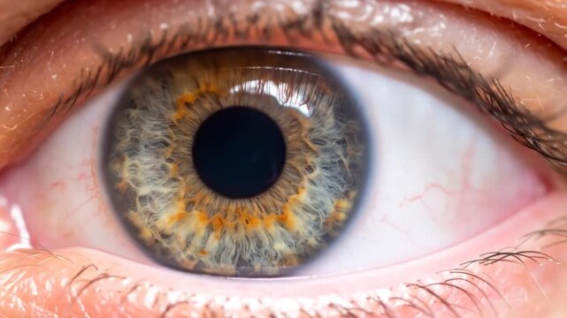 Close-up of an eye with detailed iris, eyelashes, and skin. Features intricate patterns and texture
