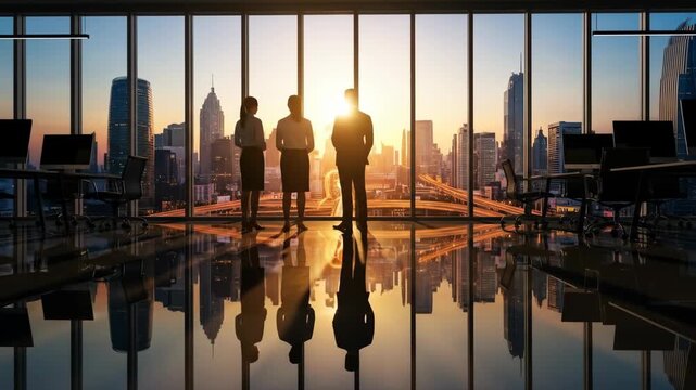 Silhouetted business professionals discussing strategies at sunset in a city