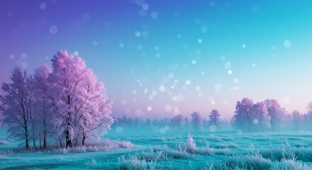 A serene winter landscape featuring frosted trees and a soft hazy atmosphere.